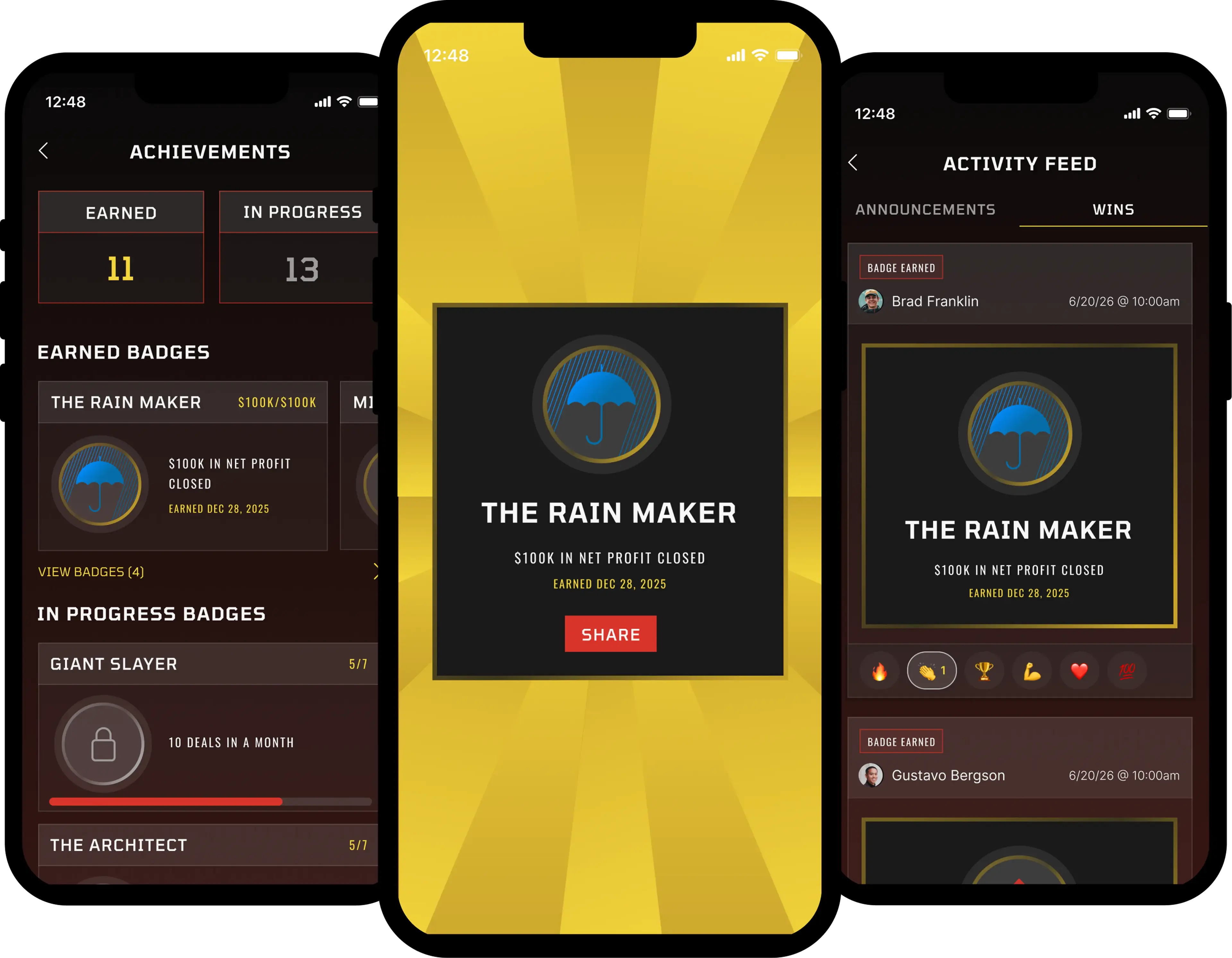 Gamification — achievements, badge earned modal, and wins feed screens