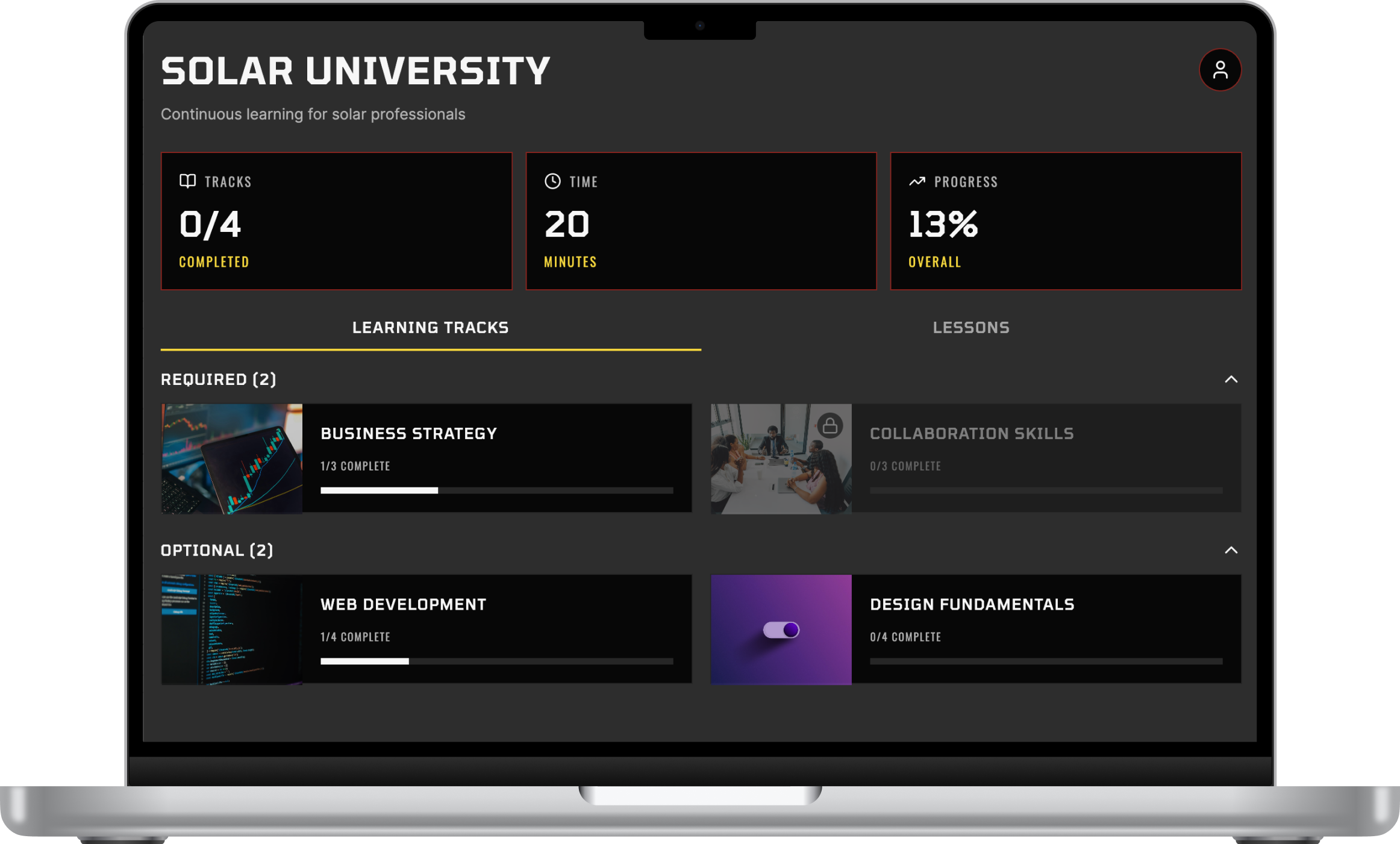Solar University learning tracks dashboard