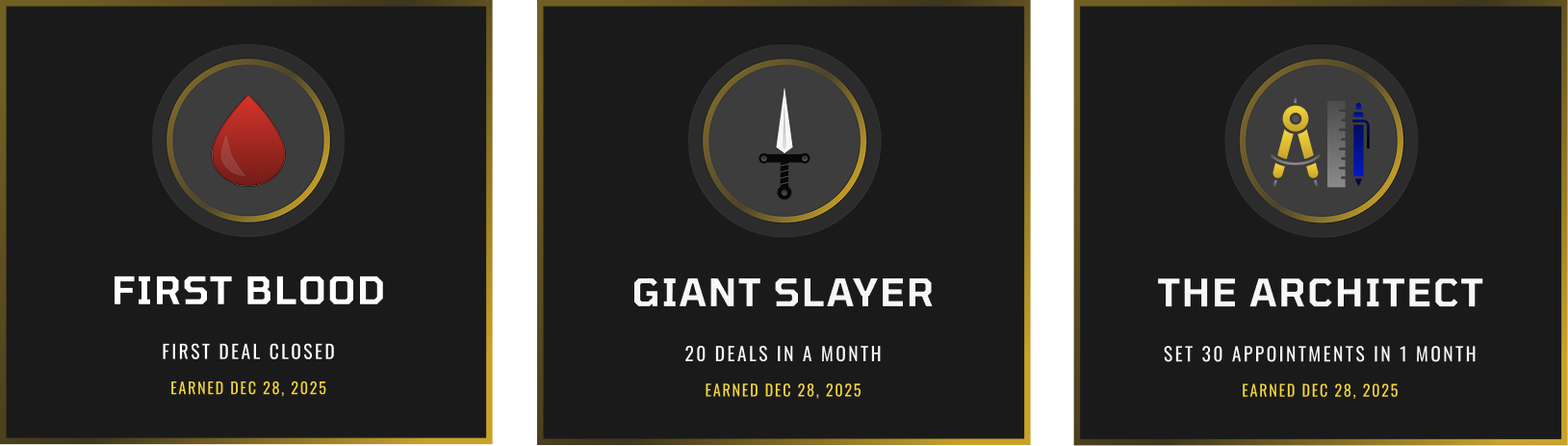 First Blood, Giant Slayer, and The Architect badges